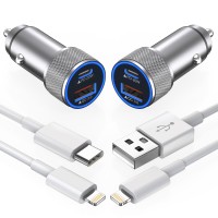 iPhone Car Charger,【2Pack】38W Dual Port USB C+QC3.0 [Apple MFi Certified] Fast Charging Cigarette Lighter iPhone Charger Car Adapter with【2 Pack】Lightning Cable for iPhone 14 13 Pro Max 12 11 X - Grey