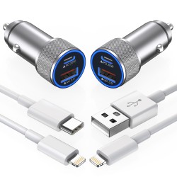 iPhone Car Charger,【2Pack】38W Dual Port USB C+QC3.0 [Apple MFi Certified] Fast Charging Cigarette Lighter iPhone Charger Car Adapter with【2 Pack】Lightning Cable for iPhone 14 13 Pro Max 12 11 X - Grey