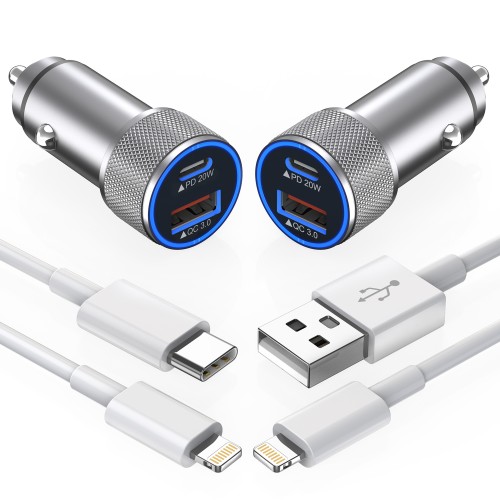 iPhone Car Charger,【2Pack】38W Dual Port USB C+QC3.0 [Apple MFi Certified] Fast Charging Cigarette Lighter iPhone Charger Car Adapter with【2 Pack】Lightning Cable for iPhone 14 13 Pro Max 12 11 X - Grey