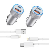 Fast iPhone Car Charger, [2Pack] 38W Dual Port PD & QC 3.0 Fast Charger Car [Apple MFi Certified]Cigarette Lighter Car Adapter&2pack Lightning Cable for iPhone 14/13/Pro/Max/12/11/X/8 (Silver)