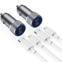 iPhone Car Charger, [2 Pack] Dual Port USB C Fast Charger Car Power Adapter [Apple MFi Certfied]Car Charging Cigarette Lighter&2Pack Lightning Cable for iPhone 14 13 12 Pro 11 X SE 8 iPad- Silver